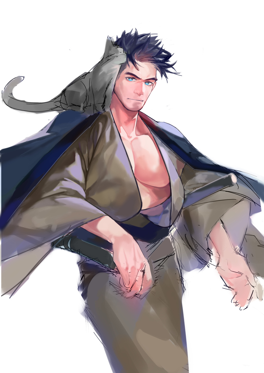 1boy absurdres affectionate alternate_design bad_id bad_weibo_id bara bare_pectorals black_hair blue_eyes feet_out_of_frame haori highres japanese_clothes kimono kuro_(kuroshima_kurishiro) kuroshima_kurishiro_(muyi24108414) large_pectorals looking_at_viewer male_focus mature_male muscular muscular_male open_clothes open_kimono original pectorals samurai sheath sheathed short_hair solo thick_eyebrows undercut unfinished