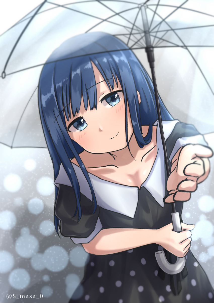 black_dress blue_eyes blue_hair blunt_bangs closed_mouth dark_blue_hair dress female head_tilt highres holding holding_umbrella light_blush long_hair magia_record:_mahou_shoujo_madoka_magica_gaiden mahou_shoujo_madoka_magica nanami_yachiyo polka_dot polka_dot_dress puffy_short_sleeves puffy_sleeves s-masa_7131 short_sleeves smile solo umbrella