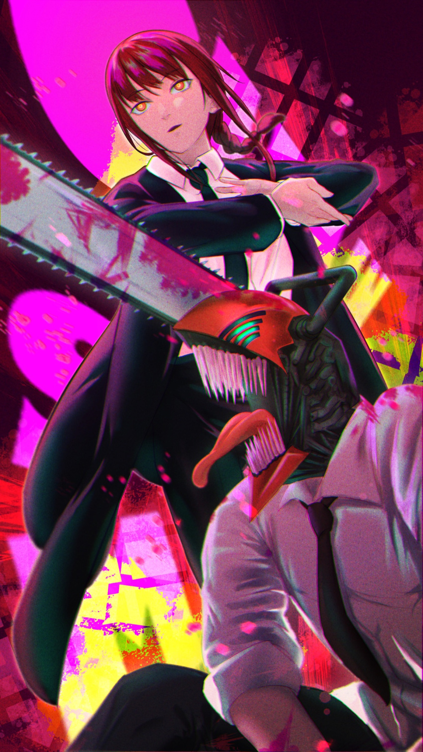 1boy black_coat black_necktie black_pants blood blood_on_clothes blood_on_face blood_on_weapon braid braided_ponytail business_suit chainsaw chainsaw_man coat denji_(chainsaw_man) female formal highres makima_(chainsaw_man) necktie on_one_knee open_mouth own_hands_together pants pink_blood red_hair ringed_eyes sharp_teeth single_braid sleeves_rolled_up stylized_blood suit teeth toyaboku weapon yellow_eyes