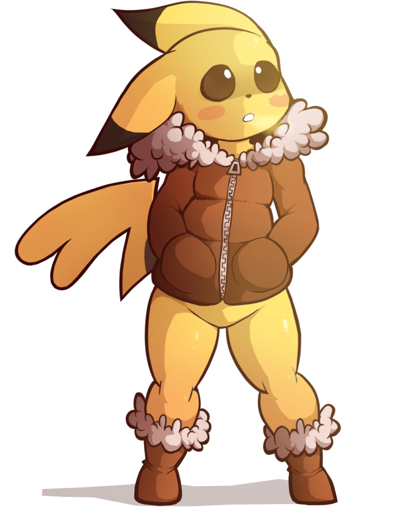 2019 anthro anthrofied avoid_posting bottomless cleft_tail clothed clothing coat dipstick_ears ear_markings evenytron featureless_crotch female footwear generation_1_pokemon hi_res multicolored_ears nintendo pikachu pokemon pokemon_(species) simple_background solo tail topwear yellow_body