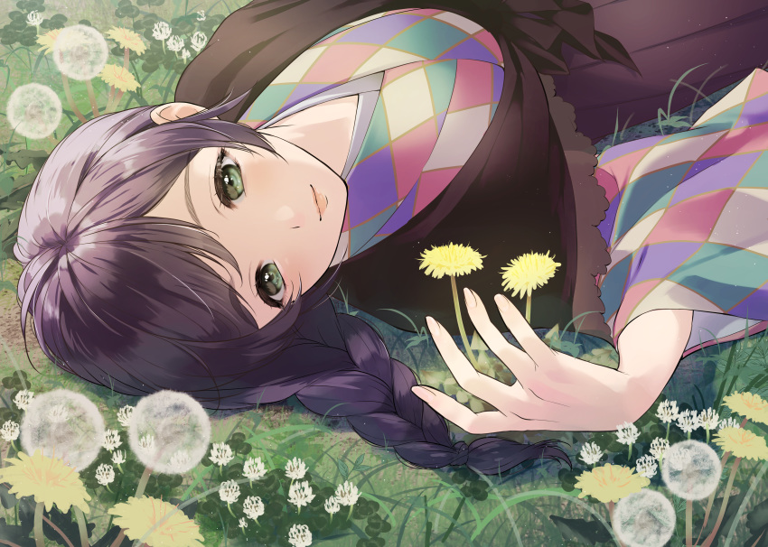 absurdres birthday black_kimono braid closed_mouth clover_(flower) dandelion dandelion_clock female flower grass green_eyes happy_birthday highres japanese_clothes kate_iwana kimono love_live! love_live!_school_idol_project lying on_back on_grass on_ground pink_lips purple_hair single_braid solo tojo_nozomi white_flower yellow_flower