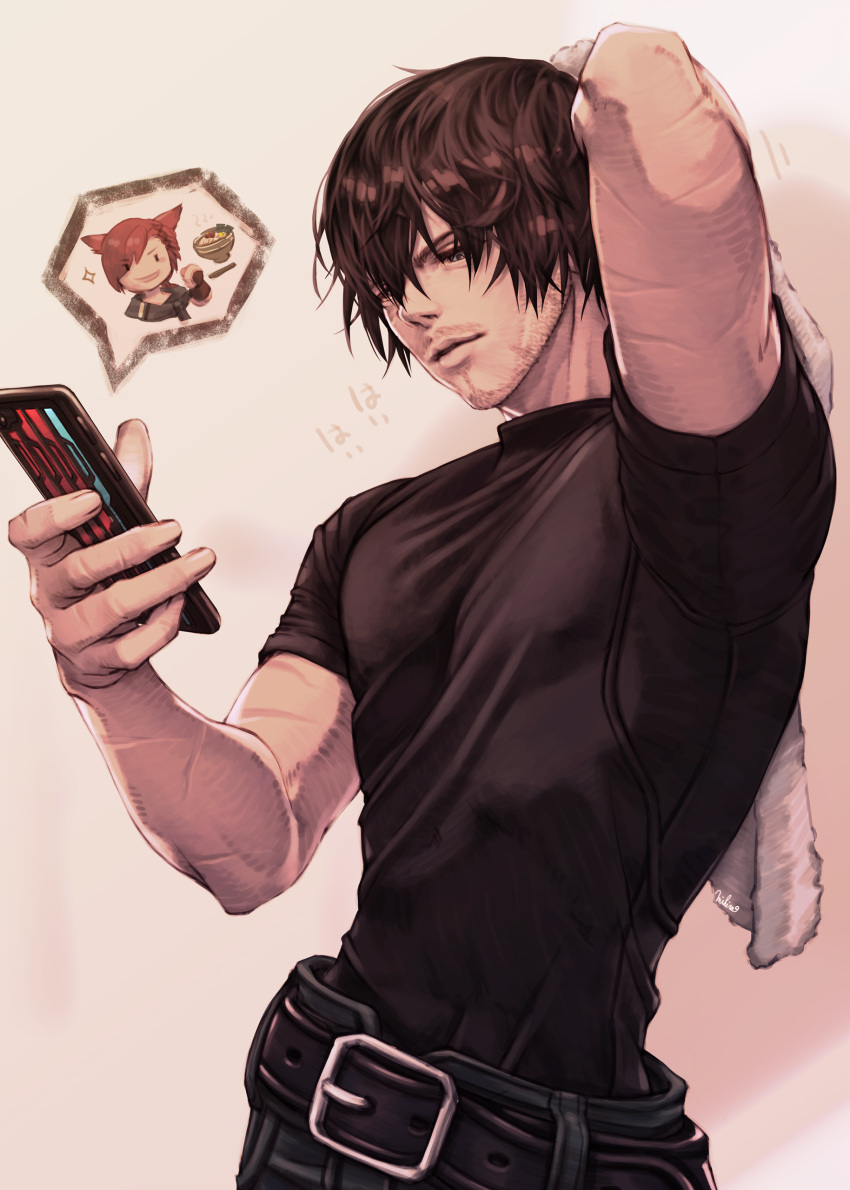 2boys absurdres adventurer_(ff14) allagan_tomestone animal_ears arm_behind_head arm_up bare_arms belt black_shirt brown_hair cat_ears cellphone closed_mouth covered_nipples drying drying_hair facial_hair final_fantasy final_fantasy_xiv g'raha_tia hair_between_eyes half-closed_eyes hand_up highres holding holding_phone holding_towel hyur light_smile lips looking_at_object male_focus mature_male mihira_(tainosugatayaki) miqo'te multiple_boys pants pectorals phone red_hair scar scar_on_arm shirt short_hair short_sleeves smartphone solo_focus stubble towel upper_body warrior_of_light_(ff14) wet wet_hair