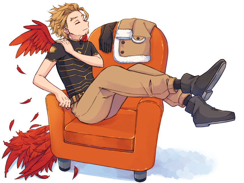 1boy armchair belt black_footwear black_gloves black_shirt black_socks blonde_hair boku_no_hero_academia boots brown_jacket brown_pants buttons chair clenched_hand closed_eyes closed_mouth commentary_request crossed_ankles earrings facial_hair feathered_wings feathers full_body fur-trimmed_jacket fur_trim gloves hand_on_own_shoulder hawks_(boku_no_hero_academia) jacket jewelry male_focus miso_(mimimiso) pants pocket red_feathers red_wings shadow shedding shedding_feathers shirt shoe_soles short_hair short_sleeves shoulder_massage sitting_sideways socks solo stubble too_many too_many_feathers unworn_gloves unworn_jacket wings