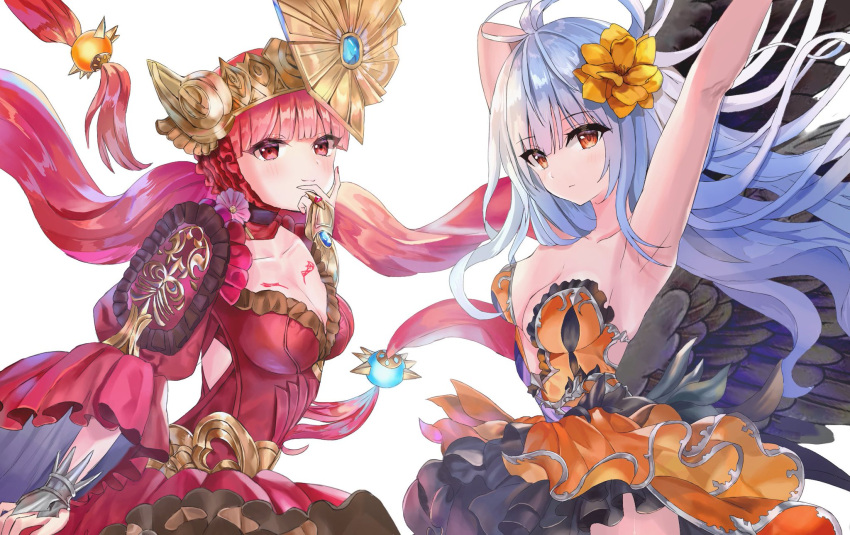 2girls blue_hair breasts cleavage hair_ornament highres long_hair looking_at_viewer multiple_girls red_eyes red_hair rocbouquet_(saga) romancing_saga_2 romancing_saga_re;universe saga user_aynn2422