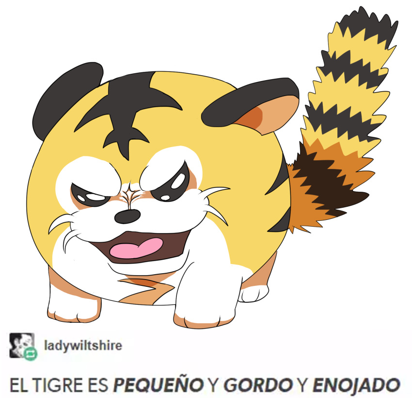 2022 ambiguous_gender angry anonymous_artist beta_pokemon_(species) beta_pokemon_games black_eyes black_nose black_stripes felid feral hi_res kotora mammal nintendo pantherine pokemon pokemon_(species) pokemon_gold_beta raised_tail solo spanish_text stripes tail text tiger tumblr whiskers yellow_body