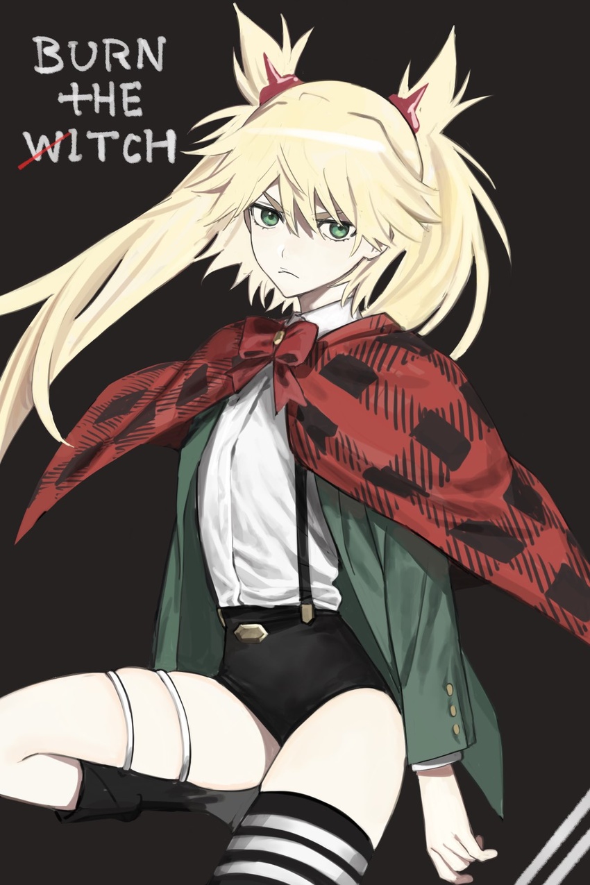 bad_id bad_twitter_id black_thighhighs blonde_hair bow burn_the_witch capelet checkered checkered_clothes closed_mouth copyright_name female frown green_eyes grey_background hair_between_eyes highres long_hair looking_at_viewer ninny_spangcole plaid plaid_capelet red_bow red_capelet simple_background single_thighhigh skindentation solo striped_clothes striped_thighhighs thigh_strap thighhighs twintails xxxsoiu1