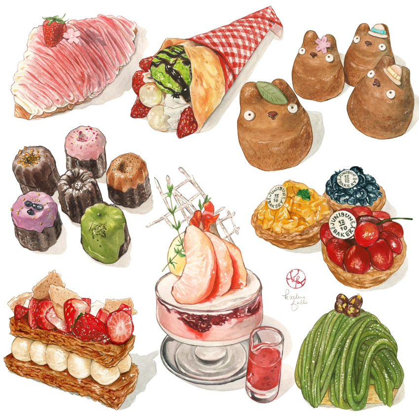 canele cherry cherry_blossoms chocolate_syrup cream crepe croissant food food_art food_focus fruit fruit_tart garnish highres ice_cream ice_cream_crepe kailene mango matcha_(food) mille-feuille mont_blanc_(food) no_humans nut_(food) original pastry peach still_life strawberry sundae tart_(food) tonari_no_totoro totoro