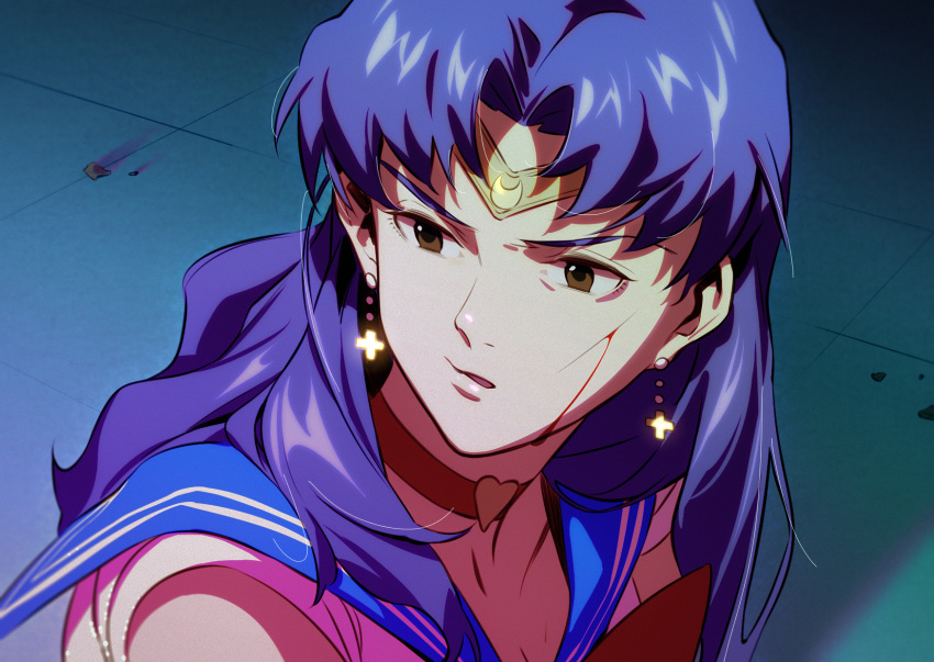 bishoujo_senshi_sailor_moon bishoujo_senshi_sailor_moon_s blue_sailor_collar chiizu_namasu choker commentary cosplay derivative_work earrings female highres jewelry katsuragi_misato magical_girl meme mitsuishi_kotono neon_genesis_evangelion open_mouth parted_bangs purple_hair red_choker sailor_collar sailor_moon sailor_moon_(cosplay) sailor_moon_redraw_challenge_(meme) sailor_senshi_uniform screenshot_redraw symbol-only_commentary upper_body voice_actor_connection