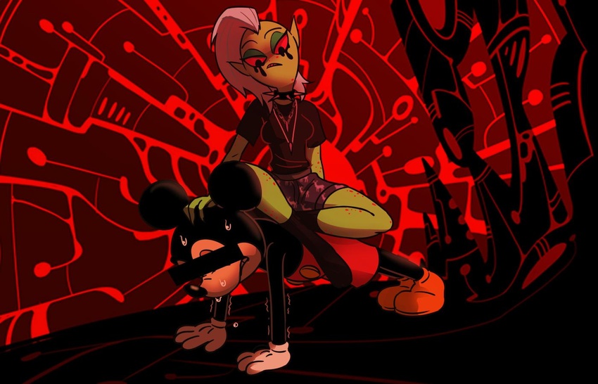 14:9 alien alternate_costume black_body black_eyes black_fur bodily_fluids censored centinel303 choker disney duo female fur green_body green_skin jewelry lord_dominator male mammal mickey_mouse mohawk mouse murid murine necklace red_sclera rodent sitting_on sweat wander_over_yonder