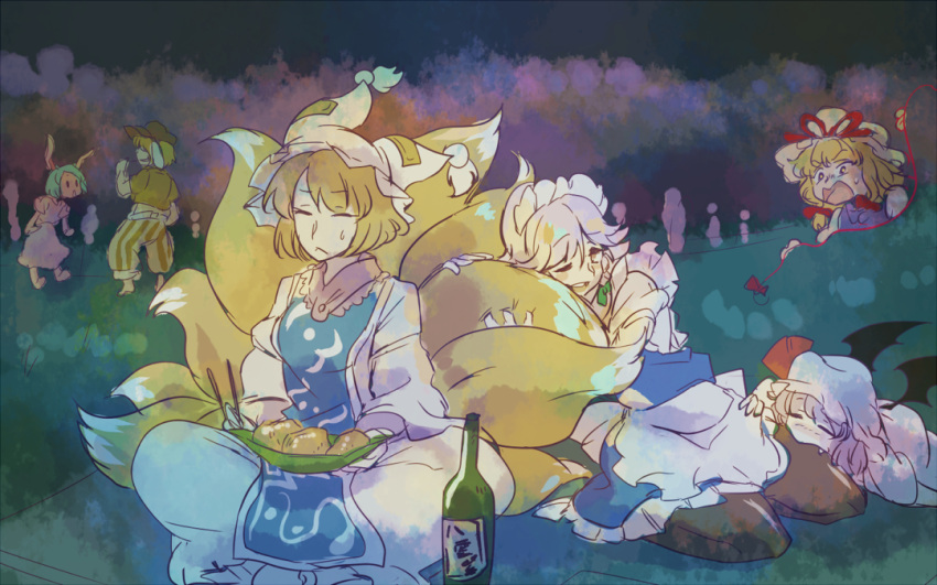 6+girls animal_ears bat_wings biting black_pantyhose blonde_hair blush bottle braid chopsticks closed_eyes closed_mouth crop_top food fox_ears gap_(touhou) hair_ribbon hat hugging_another's_tail hugging_tail inarizushi indian_style izayoi_sakuya long_hair long_sleeves maid maid_headdress mob_cap multiple_girls multiple_tails oerba_yun_fang one_eye_closed pantyhose rabbit_ears remilia_scarlet ribbon ringo_(touhou) sake_bottle seiran_(touhou) short_hair sitting sushi sweatdrop tabard tail tofu touhou twin_braids white_hair wings yakumo_ran yakumo_yukari yutarou