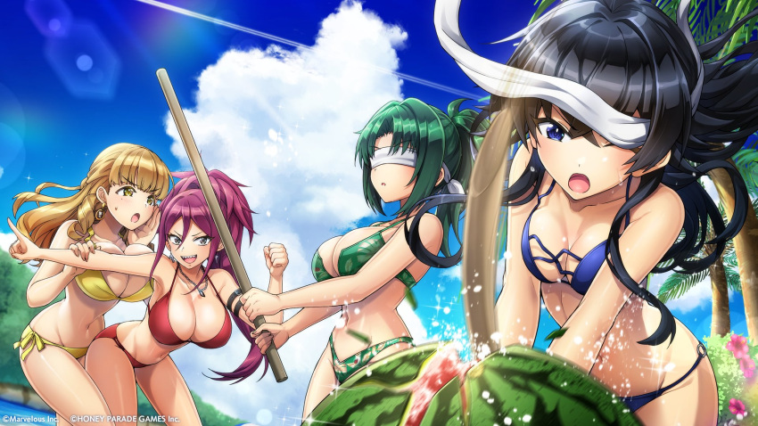 4girls ayato_utae bare_shoulders bikini black_hair blindfold blonde_hair blue_eyes blue_sky blush bokken breasts cleavage cloud cloudy_sky collarbone commentary_request day dolphin_wave earrings flower food fruit green_eyes hagane_otsuki harunami_anri highres holding jewelry kurenashi_yuuri large_breasts long_hair multiple_girls navel necklace o-ring o-ring_bikini official_art one_eye_closed ootomo_takuji open_mouth outdoors palm_tree parted_lips ponytail purple_eyes sharp_teeth shiny_skin sky slashing smile stomach sunlight sweat sweatdrop swimsuit sword teeth thighs tree watermelon weapon wooden_sword yellow_eyes