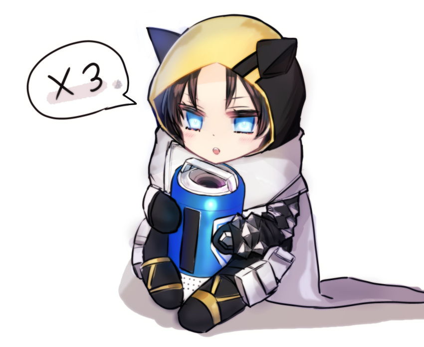 absurdres animification apex_legends black_hair blue_eyes chibi eyebrows_hidden_by_hair female highres holding hood hood_up official_alternate_costume open_mouth parted_bangs scarf serinoki shadow sitting solo speech_bubble void_prowler_wraith white_background white_scarf wraith_(apex_legends)