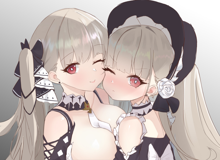 2girls :< absurdres azur_lane black_dress bonnet breasts bright_pupils closed_mouth collarbone commentary dlinne dress dual_persona earrings flower formidable_(azur_lane) frown gradient_background grey_background grey_hair hair_flower hair_ornament highres huge_breasts jewelry lipstick little_formidable_(azur_lane) looking_at_viewer makeup mother_and_daughter multiple_girls one_eye_closed red_eyes rose smile twintails white_flower white_pupils white_rose