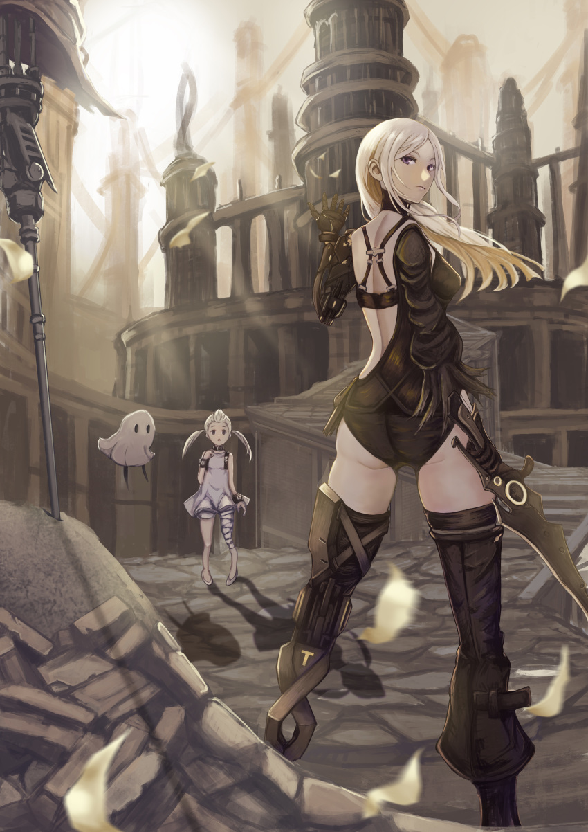 1other 2girls absurdres black_legwear fio_(nier) floating frenlyse highres long_hair mama_(nier) multiple_girls nier_(series) nier_reincarnation prosthesis prosthetic_leg sword thighhighs weapon white_hair yj76