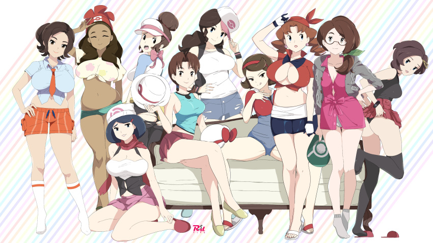 6+girls absurdres adapted_costume agedo ahoge alola_mother arm_up artist_logo ass bandana black_panties black_tank_top black_thighhighs blue_eyes blue_hair blue_leotard blue_shirt blue_shorts bow breasts brown_eyes brown_hair caroline_(pokemon) cleavage closed_eyes clothes_lift collared_shirt commentary cosplay couch crop_top crossed_legs dark-skinned_female dark_skin dawn_(pokemon) dawn_(pokemon)_(cosplay) delia_ketchum drill_hair earrings english_commentary eyelashes from_behind galar_mother glasses gloria_(pokemon) gloria_(pokemon)_(cosplay) grace_(pokemon) green_ribbons grey_socks hair_ornament hair_ribbon hairband hand_on_own_hip head_tilt highres hilda_(pokemon) hilda_(pokemon)_(cosplay) holding huge_breasts impossible_clothes jewelry johanna_(pokemon) johto_mother kneehighs large_breasts leaf_(pokemon) leaf_(pokemon)_(cosplay) legs leotard licking_lips long_hair long_sleeves looking_at_viewer looking_back looking_to_the_side lyra_(pokemon) lyra_(pokemon)_(cosplay) mature_female may_(pokemon) may_(pokemon)_(cosplay) medium_breasts medium_hair midriff miniskirt mole mole_under_eye multiple_girls nail_polish naranja_academy_school_uniform navel no_shoes on_ground orange_shorts paldea_mother panties pants parted_bangs parted_lips pink_bow pink_skirt pleated_skirt pokemon pokemon_(anime) pokemon_bw pokemon_bw2 pokemon_dppt pokemon_frlg pokemon_hgss pokemon_rse pokemon_rse_(anime) pokemon_sm pokemon_sv pokemon_swsh pokemon_xy ponytail r3dfive red_footwear red_hairband red_headwear red_skirt ribbon rosa_(pokemon) rosa_(pokemon)_(cosplay) sandals school_uniform selene_(pokemon) selene_(pokemon)_(cosplay) serena_(pokemon) serena_(pokemon)_(cosplay) shadow shirt shoe_dangle short_hair short_sleeves shorts side_ponytail sideboob sidelocks sitting skirt skirt_lift sleeveless slippers smile socks soles spread_legs standing striped_background striped_clothes striped_shorts swept_bangs tank_top thighhighs thighs tied_shirt tilted_headwear tiptoes toenail_polish toenails toes tongue tongue_out torn_clothes torn_pants torn_shorts twin_drills two-tone_shirt undersized_clothes underwear unova_mother_(bw) unova_mother_(bw2) v visor_cap white_footwear white_shirt white_socks yellow_shirt yokozuwari