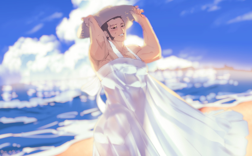 1boy alternate_costume ass bad_id bad_twitter_id bara bare_shoulders beach beard black_hair blue_sky blurry blurry_background brown_eyes buzz_cut chest_hair cloud covered_nipples crossdressing day dress facial_hair feet_out_of_frame golden_kamuy hairy hat koooogasya long_sideburns looking_at_viewer male_focus muscular muscular_male outdoors pectoral_cleavage pectorals see-through short_hair sideburns simple_background sky smile solo straw_hat stubble sunlight tanigaki_genjirou thick_eyebrows very_short_hair water white_dress wind