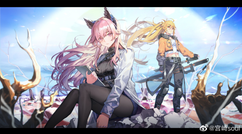 2girls ahoge animal_ears blonde_hair breasts cat_ears chinese_commentary commentary_request extra_ears fingerless_gloves fur_collar girls'_frontline girls'_frontline_neural_cloud gloves highres holding holding_tablet_pc jacket jewelry knee_pads lab_coat large_breasts letterboxed long_hair long_sleeves looking_at_viewer midriff miyazakisoul multiple_girls navel necklace open_clothes open_jacket orange_jacket outdoors pants pantyhose persicaria_(neural_cloud) pink_eyes pink_hair red_eyes ribbed_sweater sheath sheathed shirt sitting sky small_breasts sol_(neural_cloud) sweater sword tablet_pc very_long_hair weapon weibo_watermark white_shirt yellow_jacket