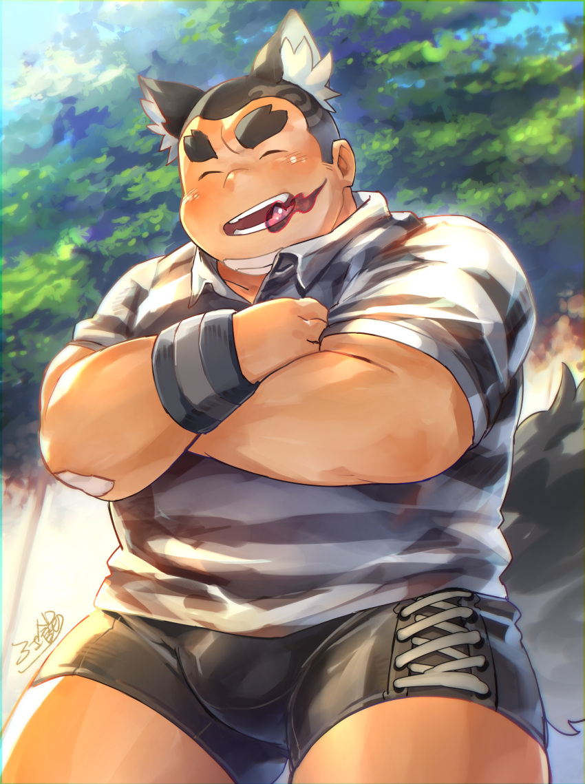 1boy animal_ear_fluff animal_ears bandaid bandaid_on_arm bandaid_on_face bara black_fire black_hair black_wristband bulge buzz_cut closed_eyes collared_shirt commentary_request cowboy_shot cross-laced_clothes cross-laced_shorts crossed_arms daihukudokoro fire highres huge_eyebrows infernal_trickster_(housamo) male_focus mouth_trail open_mouth outdoors plump shirt short_hair short_shorts shorts signature smile solo striped_clothes striped_shirt tail tokyo_afterschool_summoners very_short_hair wolf_ears wolf_tail