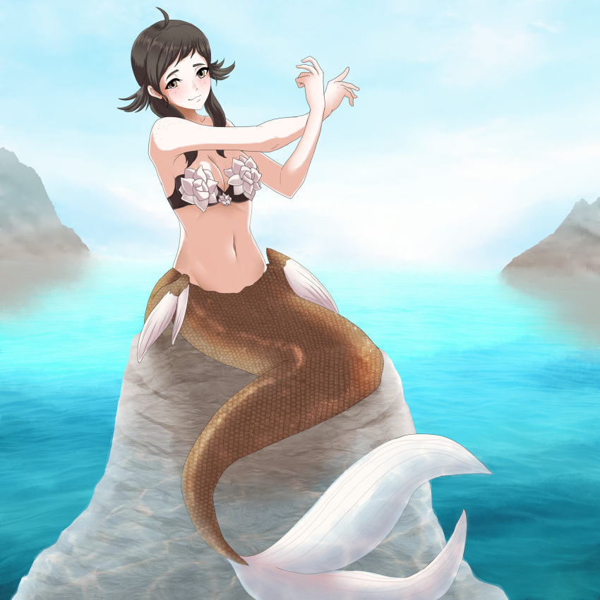 absurdres bikini bikini_top_only brown_bikini brown_eyes brown_hair commission female fire_emblem fire_emblem_fates freckles highres mermaid monster_girl monsterification mozu_(fire_emblem) ocean rock seityr sitting sitting_on_rock solo swimsuit