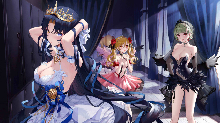 +_+ 3girls :d absurdres azur_lane ballerina ballet bare_shoulders black_dress black_hair blue_eyes blue_ribbon bow breasts breasts_apart center_opening cleavage covered_navel crown curtains dress giuseppe_garibaldi_(azur_lane) giuseppe_garibaldi_(noble_ivory_plumes)_(azur_lane) green_hair hair_between_eyes hairbow heterochromia highres indoors large_breasts leonardo_da_vinci_(azur_lane) leonardo_da_vinci_(riverside_pirouette)_(azur_lane) leotard leotard_peek loading_screen long_hair looking_at_another looking_at_viewer microdress mini_crown mirror mo_xiaoxue multiple_girls navel official_alternate_costume official_art open_mouth pantyhose parted_bangs parted_lips pink_pantyhose plunging_neckline red_bow red_dress red_eyes reflection ribbon roma_(azur_lane) roma_(white_heron_of_darkest_night)_(azur_lane) shadow sidelocks sleeveless sleeveless_dress small_breasts smile standing stomach strapless strapless_dress tutu twintails tying_hair very_long_hair white_dress yellow_eyes