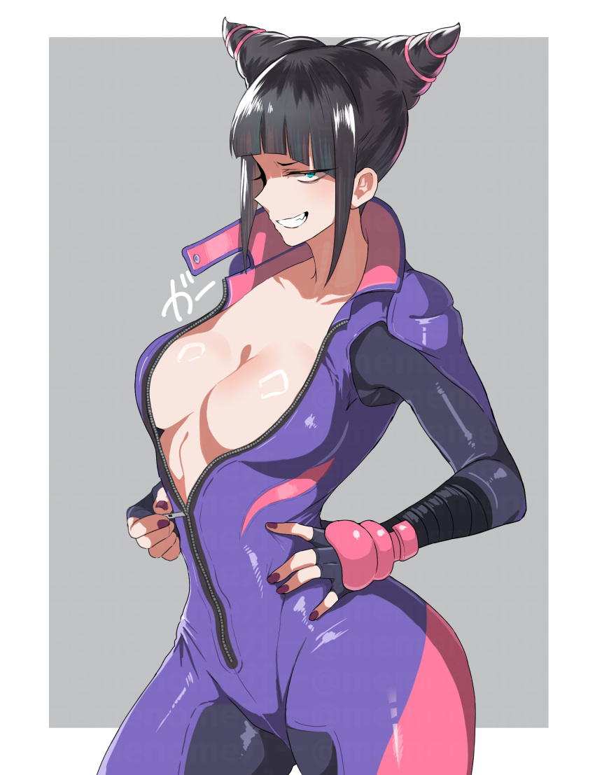 absurdres black_hair breasts cleavage eye_(mememem) female fingerless_gloves fingernails gloves hair_horns highres juri_han nail_polish short_hair smile smug solo street_fighter street_fighter_6 street_fighter_v zipper