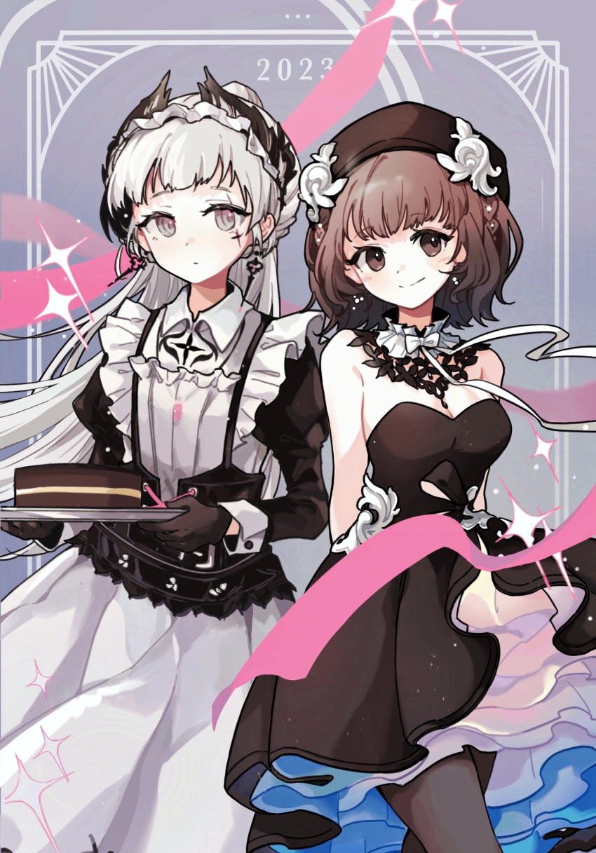 2023 2girls apron arknights bare_shoulders beret black_dress black_gloves black_headwear black_pantyhose breasts brown_eyes brown_hair cleavage closed_mouth dress frilled_apron frills gloves grey_background grey_eyes grey_hair hat head_wings highres holding holding_tray irene_(arknights) juliet_sleeves long_hair long_sleeves looking_at_viewer medium_breasts multiple_girls pantyhose ponytail puffy_sleeves roberta_(arknights) shakin smile standing strapless strapless_dress tray very_long_hair white_apron wings