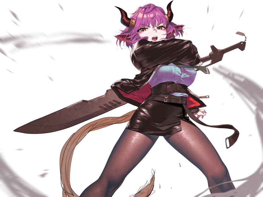 animal_ears arknights black_jacket black_necktie black_skirt breast_pocket breasts brown_horns brown_pantyhose brown_tail cow_ears cow_girl cow_horns feet_out_of_frame female glaring grey_shirt hand_up holding holding_sword holding_weapon horns jacket large_breasts leather_skirt long_sleeves looking_at_viewer miniskirt motion_blur necktie open_clothes open_jacket open_mouth orange_eyes pantyhose pencil_skirt pink_hair pocket red_jacket serious shirt short_hair sideroca_(arknights) siguya skirt slashing solo standing strap sword teeth two-sided_fabric two-sided_jacket unfinished unzipped upper_teeth_only weapon white_background zipper zipper_pull_tab