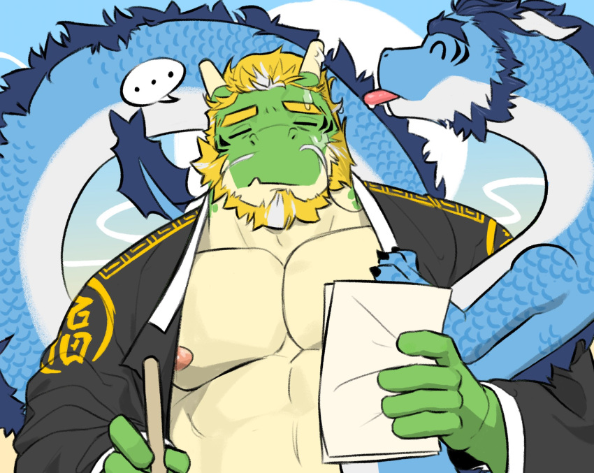 ... 2boys ^_^ bara bare_pectorals beard blonde_hair blue_fur blue_hair centauroid chinese_zodiac closed_eyes couple curled_horns dragon_boy dragon_ears dragon_horns facial_hair from_side full_beard furry furry_male green_fur happy highres holding holding_paper horns huge_eyebrows jacket large_pectorals licking licking_another's_cheek licking_another's_face long_mustache male_focus mature_male moustache multicolored_hair multiple_boys muscular muscular_male mutton_chops nipples oerba_yun_fang open_clothes open_jacket original paper pectorals peula_(pteragon) plump profile saliva skin_fang streaked_facial_hair streaked_hair taur thick_beard wet wet_hair yaoi year_of_the_dragon