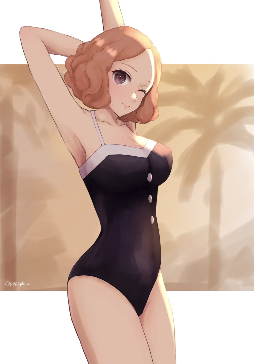 armpit_crease black_one-piece_swimsuit breasts brown_eyes brown_hair commentary_request female highres looking_at_viewer medium_breasts official_alternate_costume okumura_haru one-piece_swimsuit one_eye_closed palm_tree persona persona_5 persona_5_scramble:_the_phantom_strikers pppppknw short_hair smile solo stretching swimsuit tree