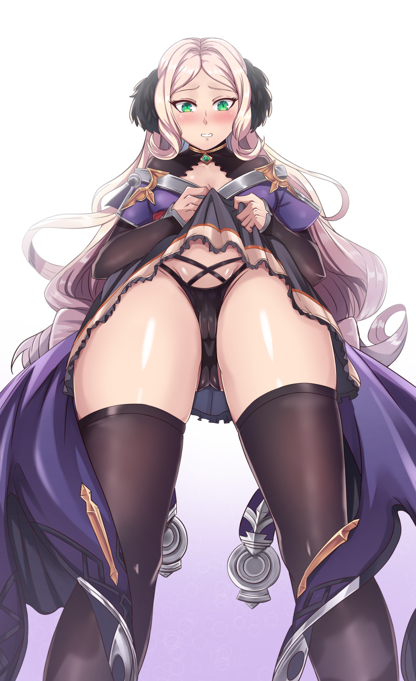 absurdres ass ass_visible_through_thighs black_panties blonde_hair blush clothes_lift collar female from_below granblue_fantasy green_eyes highres jewelry lifting_own_clothes long_sleeves looking_at_viewer mireille_(granblue_fantasy) panties pendant skirt skirt_lift solo thighhighs underwear wakkiau