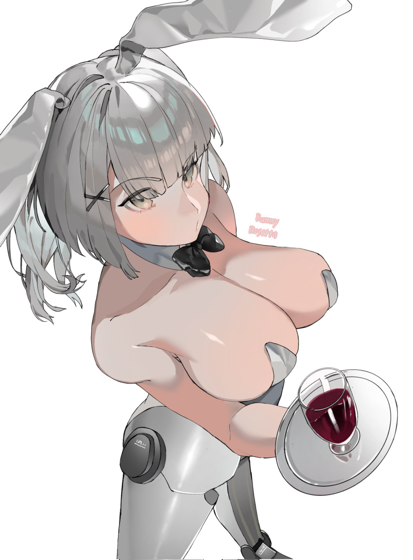 black_ribbon breasts character_name detached_collar female from_above grey_eyes grey_hair grey_leotard hair_ornament highres joints large_breasts leotard mechanical_legs mechanical_parts neck_ribbon punishing:_gray_raven ribbon robot_joints rosetta_(punishing:_gray_raven) simple_background solo white_background x_hair_ornament yongsadragon