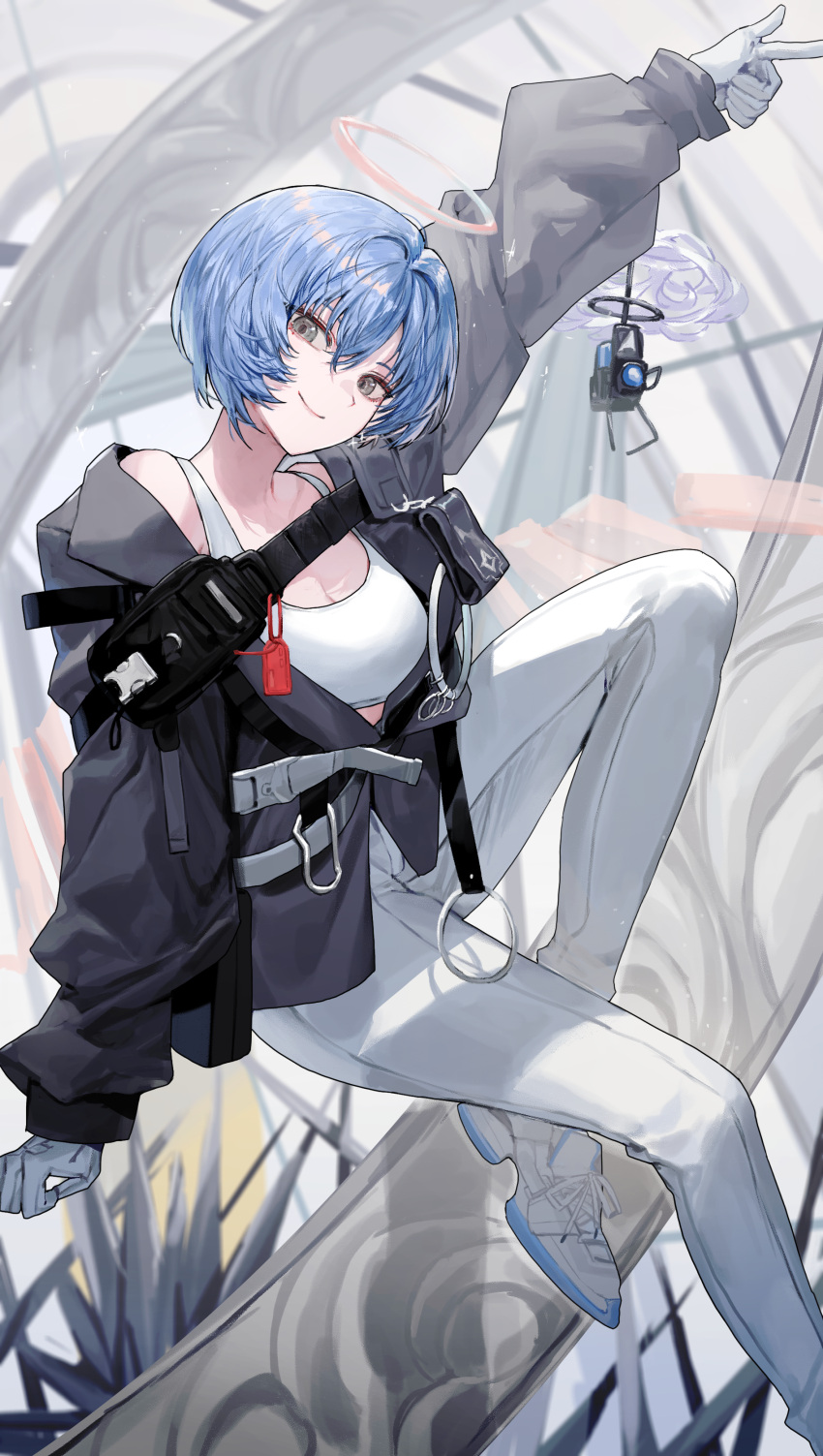 absurdres arknights arm_up bare_shoulders black_jacket blue_hair breasts carol0905 cleavage commentary_request female foot_out_of_frame gloves grey_eyes halo highres jacket long_sleeves looking_at_viewer medium_breasts off_shoulder pants shoes short_hair smile sneakers solo sports_bra spuria_(arknights) thighs white_footwear white_gloves white_pants white_sports_bra