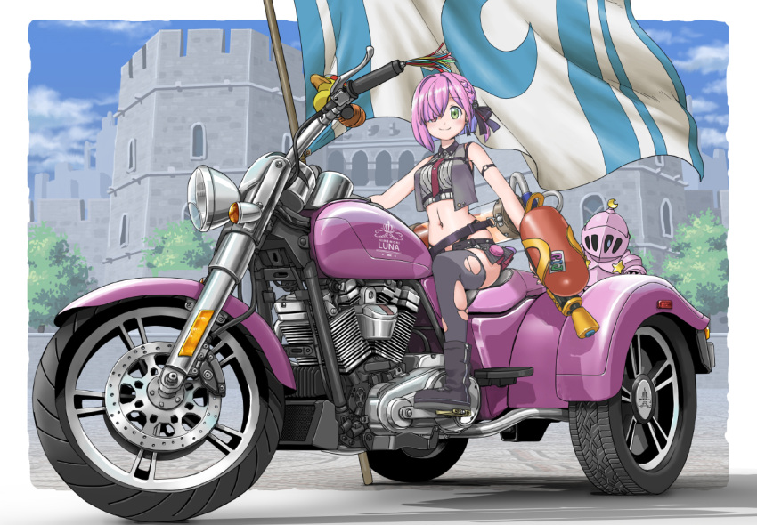 1other arm_strap armor boots braid breasts castle colored_inner_hair commentary_request female flag green_eyes grey_thighhighs hair_over_one_eye helmet himemori_luna himemori_luna_(streetwear) holding hololive luknight_(himemori_luna) medium_breasts motor_vehicle motorcycle multicolored_hair navel official_alternate_costume pink_eyes pink_hair purple_hair shio_no.9 super_soaker thighhighs three-wheeler torn_clothes torn_thighhighs tree two-tone_hair virtual_youtuber