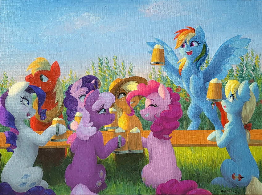 applejack_(mlp) big_macintosh_(mlp) canvas canvas_texture cheerilee_(mlp) cutie_mark earth_pony equid equine female feral friendship_is_magic furniture grass group hasbro hi_res horn horse katputze male mammal my_little_pony mythological_creature mythological_equine mythology oil_painting_(artwork) painting_(artwork) pegasus pinkie_pie_(mlp) plant pony quadruped rainbow_dash_(mlp) rarity_(mlp) sitting sky sugar_belle_(mlp) table traditional_media_(artwork) unicorn wings