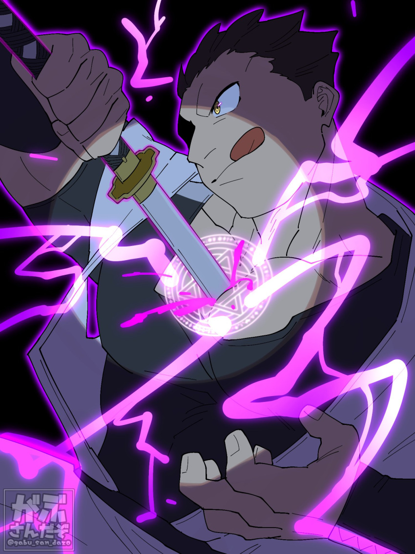 1boy :q bara dolcetto_(fma) drawing_sword electricity from_side fullmetal_alchemist gabu_(gabu_san_dazo) highres holding holding_sword holding_weapon human_scabbard large_pectorals magic_circle male_focus muscular muscular_male partially_shaded_face pectoral_cleavage pectorals purple_lightning short_hair solo sword sword_between_pectorals tongue tongue_out upper_body weapon