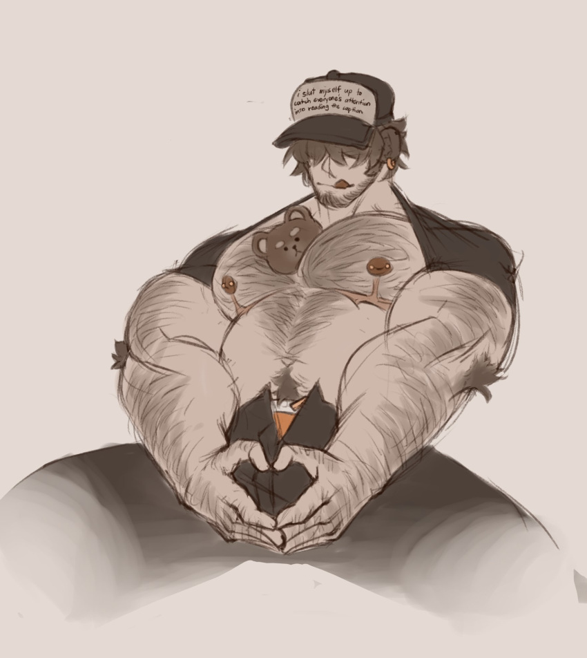 1boy :q animal_ears bara barbell_piercing bare_pectorals baseball_cap bear_boy bear_ears beard beard_stubble belly body_fur clothes_lift cropped_legs earrings facial_hair filia_(bananafilia) forearms full_beard hair_over_eyes hairy hand_hair hands_on_own_crotch hat heart heart_hands highres jewelry knuckle_hair large_pectorals leg_hair male_focus male_underwear male_underwear_peek mastectomy_scar mature_male muscular muscular_male navel_hair nipples object_on_pectorals open_fly orange_male_underwear original pectorals piercing plump scar scar_on_chest shirt_behind_neck shirt_lift short_hair solo spread_legs stubble thick_arm_hair thick_arms thick_chest_hair thick_navel_hair tongue tongue_out underwear v_arms very_hairy