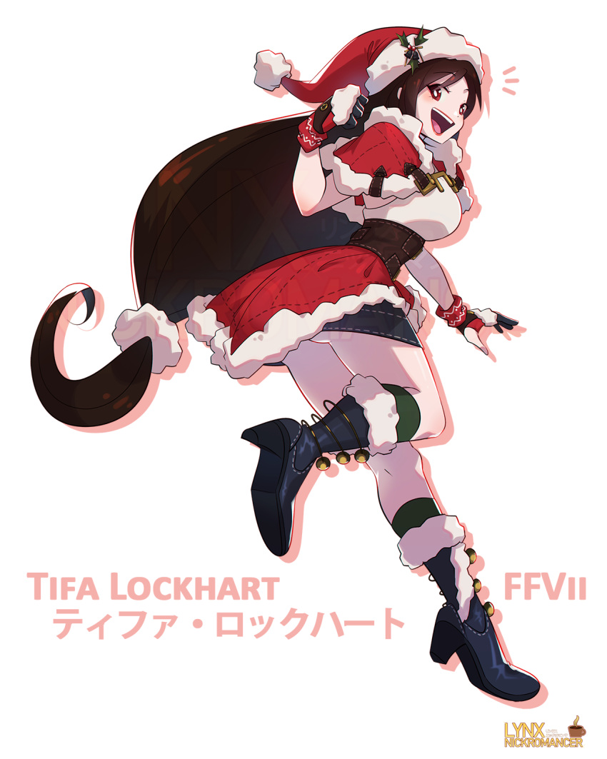 artist_name ass backless_outfit black_hair boots breasts capelet character_name cheesecakes_by_lynx christmas clenched_hand commentary english_commentary female final_fantasy final_fantasy_vii final_fantasy_vii_ever_crisis final_fantasy_vii_remake full_body fur-trimmed_boots fur-trimmed_capelet fur-trimmed_gloves fur-trimmed_headwear fur-trimmed_skirt fur_trim gloves hair_ornament hat high_heel_boots high_heels highres holly_hat_ornament large_breasts light_blush long_hair looking_at_viewer looking_back looking_to_the_side low-tied_long_hair miniskirt official_alternate_costume open_mouth pom_pom_(clothes) pom_pom_hair_ornament red_capelet red_eyes red_hat red_skirt santa_hat simple_background skirt sleeveless sleeveless_turtleneck smile solo standing standing_on_one_leg sweater teeth tifa_lockhart tifa_lockhart_(fairy_of_the_holy_flame) turtleneck turtleneck_sweater upper_teeth_only very_long_hair white_sweater