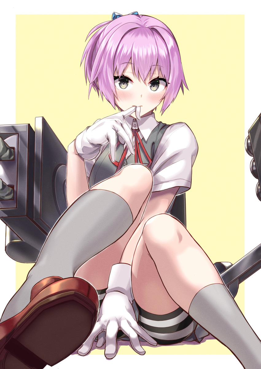 absurdres bike_shorts black_shorts blue_eyes collared_shirt commentary_request commission dress_shirt female gloves grey_vest highres kantai_collection machinery mouth_hold neck_ribbon ooike_teru pink_hair ponytail ribbon school_uniform shiranui_(kancolle) shirt short_hair short_ponytail short_sleeves shorts sitting skeb_commission solo vest white_gloves white_shirt