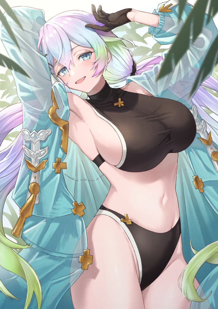 :d arm_behind_head arms_up bikini bikini_under_clothes black_bikini black_gloves black_scrunchie blue_eyes blue_hair blue_jacket blurry blurry_foreground blush breasts commentary covered_collarbone cowboy_shot cupitan_(granblue_fantasy) cupitan_(summer)_(granblue_fantasy) depth_of_field double-parted_bangs female from_side gloves gradient_hair granblue_fantasy green_hair groin hair_between_eyes hair_ornament hair_scrunchie halterneck head_tilt highleg highleg_bikini highres jacket large_breasts long_hair long_sleeves looking_at_viewer low_twintails multicolored_hair navel official_alternate_costume open_clothes open_jacket open_mouth palm_leaf purple_hair rainbow_hair robe scrunchie see-through see-through_jacket shinoho sideboob sidelocks signature skindentation smile solo sports_bikini standing stomach swimsuit taut_clothes thighs turtleneck twintails very_long_hair white_background