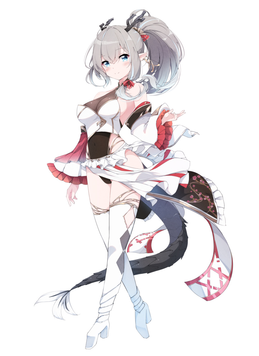 bare_shoulders black_leotard blue_eyes breasts chinese_zodiac closed_mouth covered_navel detached_sleeves dragon_girl dragon_horns dragon_tail female frilled_sleeves frills full_body fuuna grey_hair high_heels highres horns leotard long_hair long_sleeves medium_breasts original ponytail simple_background smile solo tail thighhighs white_background white_footwear white_sleeves white_thighhighs wide_sleeves year_of_the_dragon