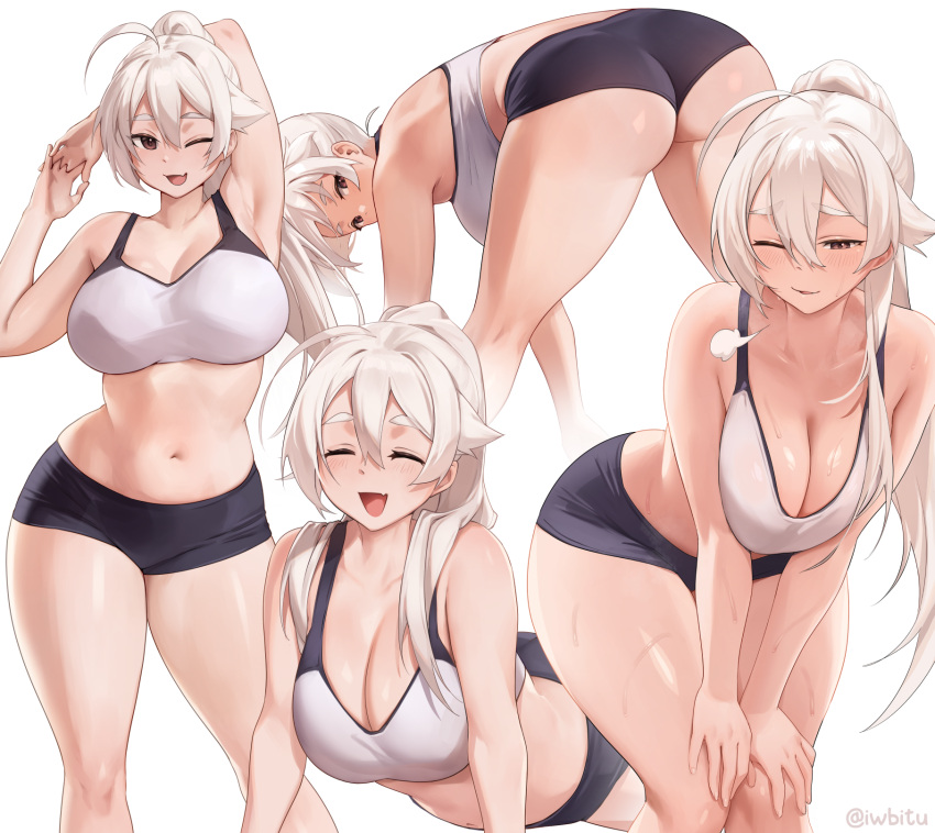 ahoge arm_behind_head arm_up armpits ass bare_shoulders bent_over black_shorts blush breasts brown_eyes cleavage closed_eyes english_commentary female highres iwbitu large_breasts leaning_forward long_hair looking_back multiple_views navel nyopu one_eye_closed open_mouth original parted_lips ponytail short_shorts shorts sidelocks smile sports_bra stretching thick_thighs thighs white_hair white_sports_bra