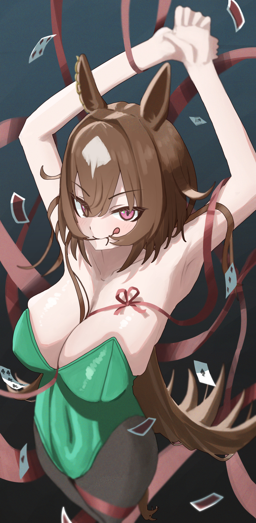 absurdres ahiru3desuyo animal_ears armpits arms_up bad_id bad_pixiv_id bare_shoulders black_background black_pantyhose blush breasts brown_hair card cleavage closed_mouth commentary_request cowboy_shot ear_ornament female floating_card green_leotard hair_between_eyes highres horse_ears horse_girl horse_tail large_breasts leotard licking_lips looking_at_viewer multicolored_hair pantyhose playing_card red_eyes ribbon simple_background sirius_symboli_(umamusume) smile solo strapless strapless_leotard streaked_hair tail tongue tongue_out umamusume white_hair