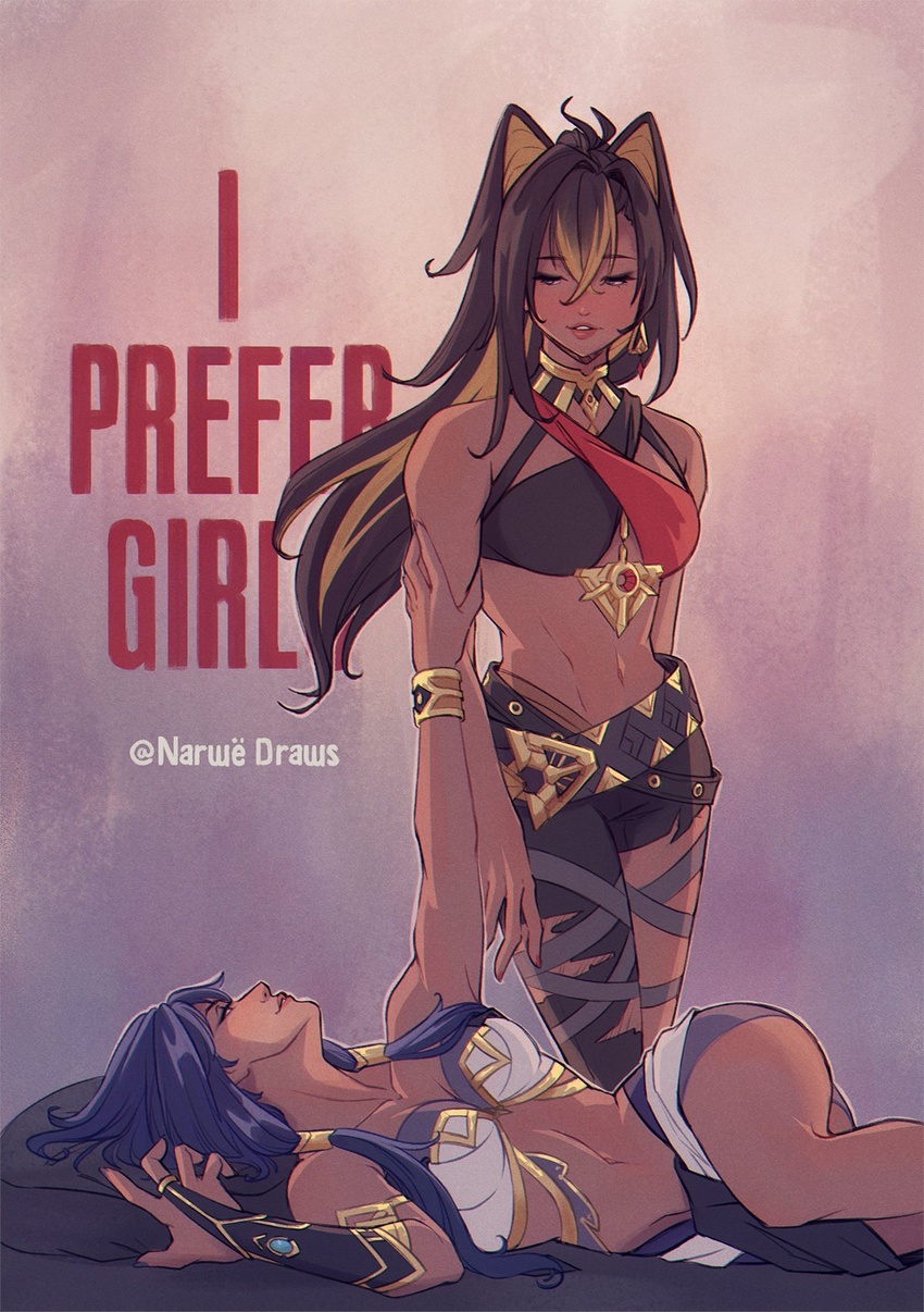 2girls artist_name asymmetrical_clothes black_hair blue_hair book_cover_redraw breasts candace_(genshin_impact) cleavage dark-skinned_female dark_skin dehya_(genshin_impact) egyptian_clothes english_commentary english_text genshin_impact gold_choker hair_between_eyes highres i_prefer_girls large_breasts lying midriff multicolored_hair multiple_girls narwedraws outstretched_arm parody purple_hair short_hair_with_long_locks streaked_hair title_parody twitter_username vision_(genshin_impact) yuri