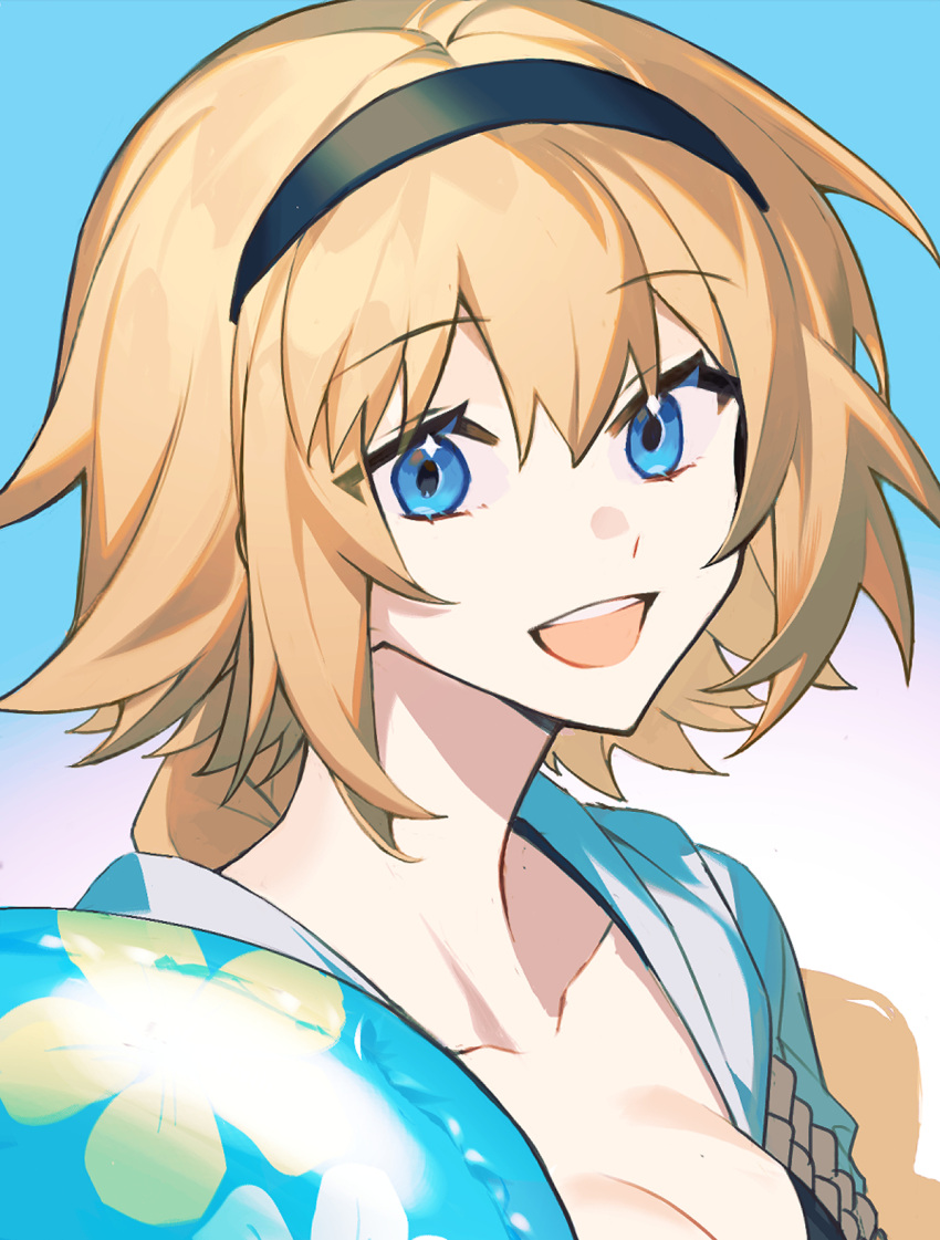 :d black_hairband blonde_hair blue_background blue_eyes blue_jacket breasts cleavage collarbone fate/grand_order fate_(series) female hairband highres idass_(idass16) innertube jacket jeanne_d'arc_(fate) jeanne_d'arc_(swimsuit_archer)_(fate) jeanne_d'arc_(swimsuit_archer)_(first_ascension)_(fate) long_hair looking_at_viewer open_clothes open_jacket portrait simple_background small_breasts smile solo swim_ring teeth two-tone_background upper_teeth_only white_background