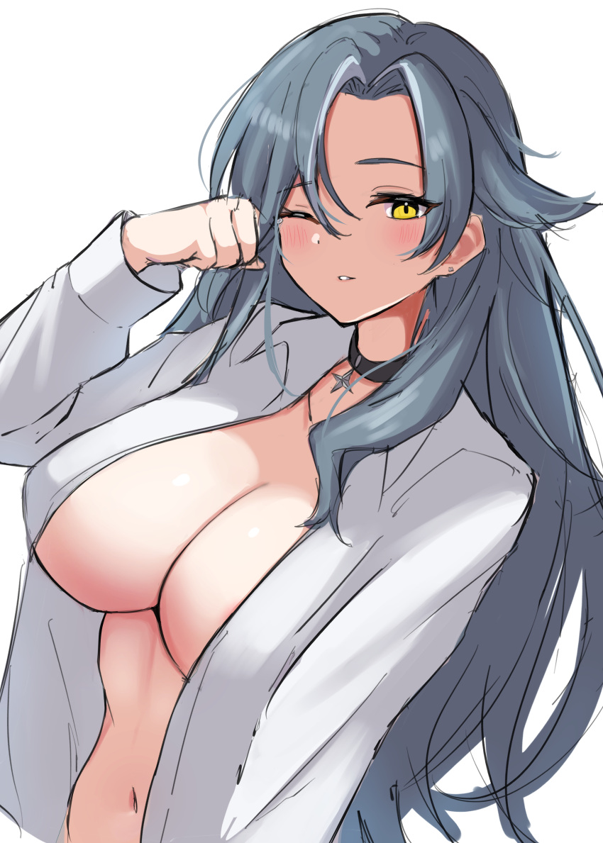 absurdres azur_lane blush breasts chkalov_(azur_lane) choker collarbone collared_shirt female grey_hair highres large_breasts long_hair mature_female navel one_eye_closed parted_bangs shirt simple_background solo soul_(dp11) stomach unbuttoned unbuttoned_shirt white_background white_shirt yellow_eyes