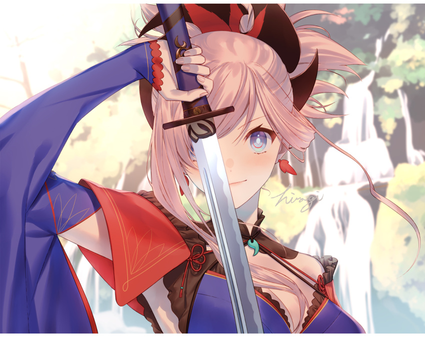 blue_eyes blue_kimono blush breasts cleavage closed_mouth commentary detached_sleeves earrings fate/grand_order fate_(series) female fingernails floating_hair hair_ornament hiiragi_(karashriker) holding holding_sword holding_weapon japanese_clothes jewelry katana kimono large_breasts looking_at_viewer magatama magatama_necklace miyamoto_musashi_(fate) miyamoto_musashi_(third_ascension)_(fate) necklace pink_hair pink_nails ponytail signature smile solo sword weapon