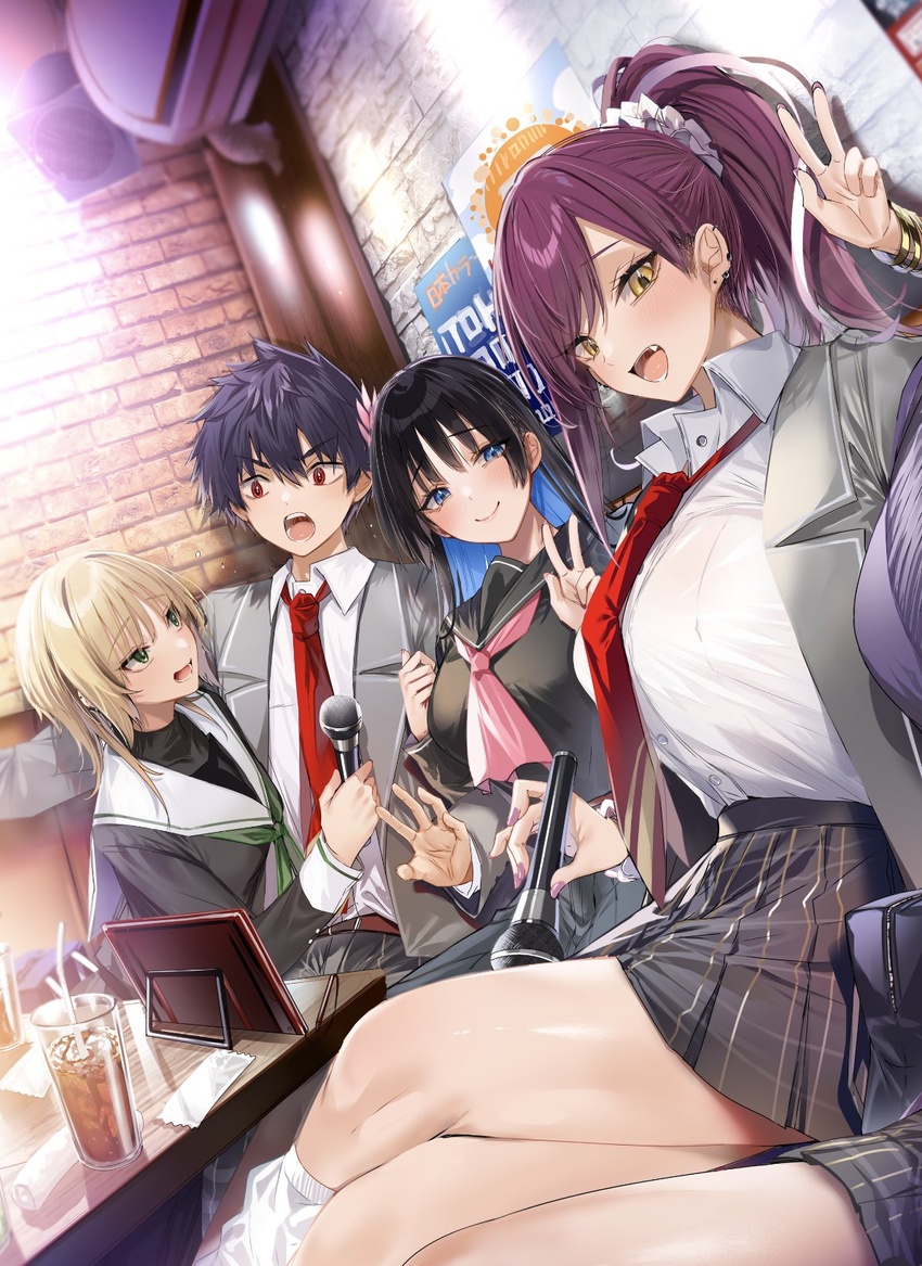 1boy 3girls bag barbell_piercing black_hair blonde_hair blue_eyes breasts crossed_legs cup delinquent drinking_glass fangs green_eyes green_neckerchief grey_jacket grey_skirt gyaru hair_ornament hair_scrunchie highres holding holding_microphone houkago_wa_kenka_saikyou_no_gyaru_ni_tsurekomareru_seikatsu ice ice_cube jacket kakao_(chocolate_land) karaoke karaoke_box kohinata_karin large_breasts leaning_on_person loose_neck_ribbon lower_teeth_only microphone miniskirt momozono_haruno multiple_girls neckerchief necktie official_art open_mouth orifushi_shiki piercing pink_neckerchief purple_hair purple_nails red_necktie school_bag school_uniform scrunchie serafuku shiny_skin shirt skirt smile socks striped_clothes striped_skirt tablet_pc tea teeth thighs tsukiike_chiaki vertical-striped_clothes vertical-striped_skirt white_shirt white_socks yellow_eyes