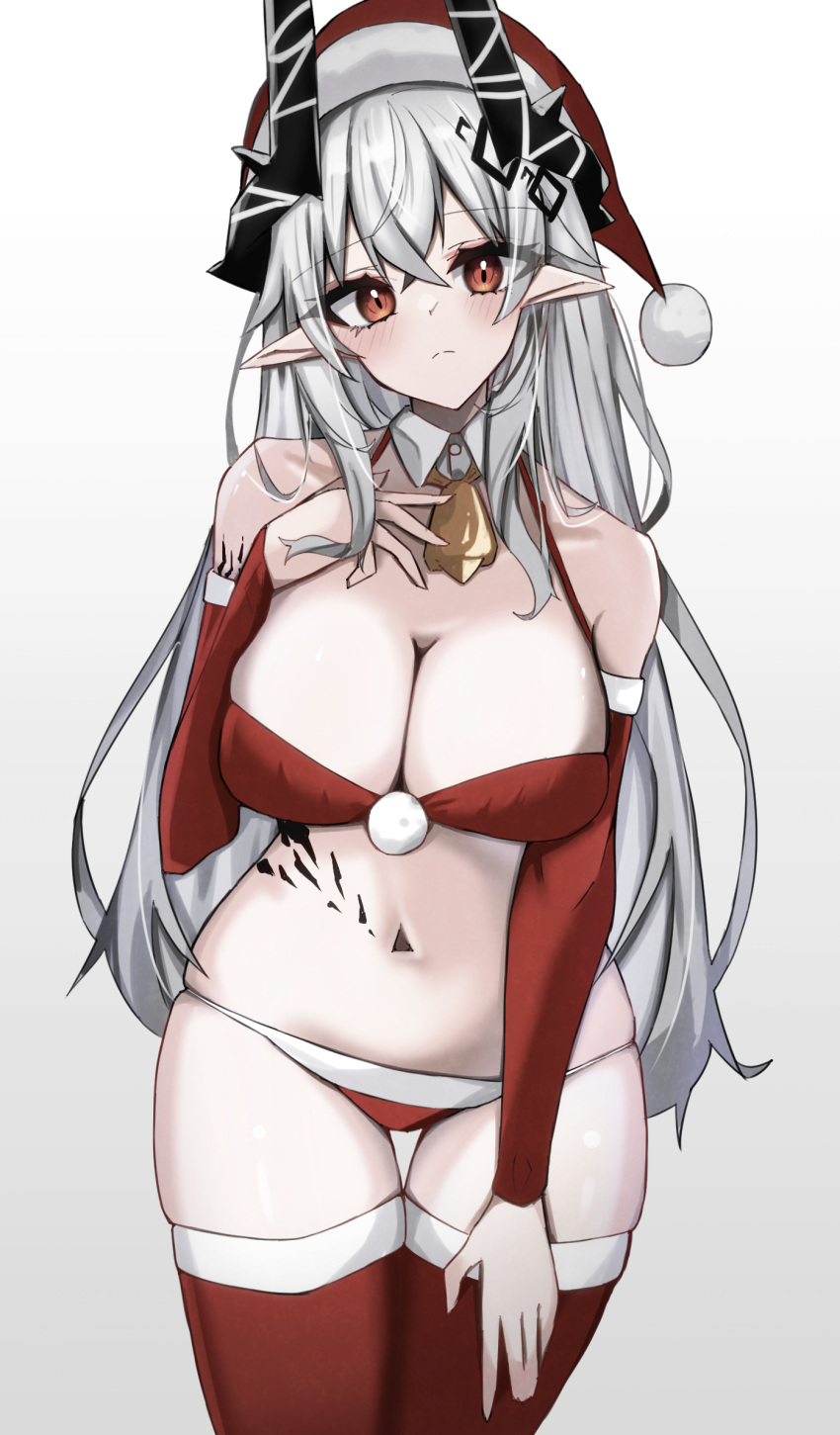 arknights bare_shoulders bell bikini blush breasts christmas demon_horns detached_collar detached_sleeves female fur-trimmed_headwear fur-trimmed_panties fur-trimmed_sleeves fur_trim hair_ornament hand_on_leg hat highres horns large_breasts long_hair looking_at_viewer material_growth mudrock_(arknights) navel oripathy_lesion_(arknights) panties pointy_ears red_bikini red_eyes red_hat red_panties red_sleeves red_thighhighs santa_bikini santa_costume santa_hat solo standing stomach swimsuit thighhighs touko_(toko12_tooko) underwear very_long_hair white_hair