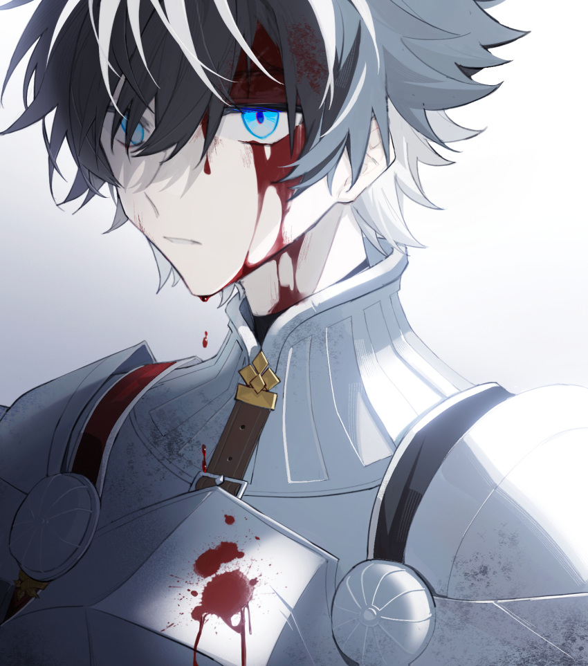 1boy armor black_hair blood blood_on_armor blood_on_chest blood_on_clothes blood_on_face blue_eyes breastplate charlemagne_(fate) chinese_commentary commentary expressionless fate/grand_order fate_(series) highres idass_(idass16) knight looking_ahead male_focus multicolored_hair parted_lips pauldrons scratches short_hair shoulder_armor simple_background solo streaked_hair two-tone_hair white_background white_hair