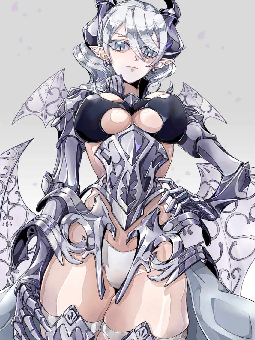 armor breasts covered_nipples demon_girl duel_monster earrings female gauntlets grey_eyes grey_hair hair_between_eyes highres horns jewelry lady_labrynth_of_the_silver_castle large_breasts lovely_labrynth_of_the_silver_castle low_wings pointy_ears revealing_clothes short_hair slit_pupils solo transparent_wings wings yu-gi-oh! yukitaka_(zzzzz)